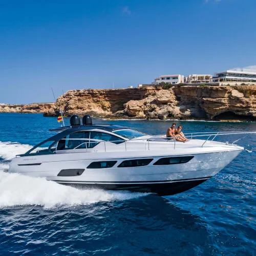 Pershing 5X yacht on the water near 7Pines Hotels & Resorts, capable of 42 knots, seats up to 12